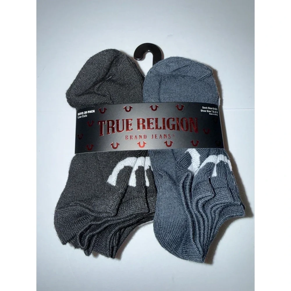 True Religion Boys 20 Pack Low Cut Socks Size 6-8.5 Black Gray White New NWT
